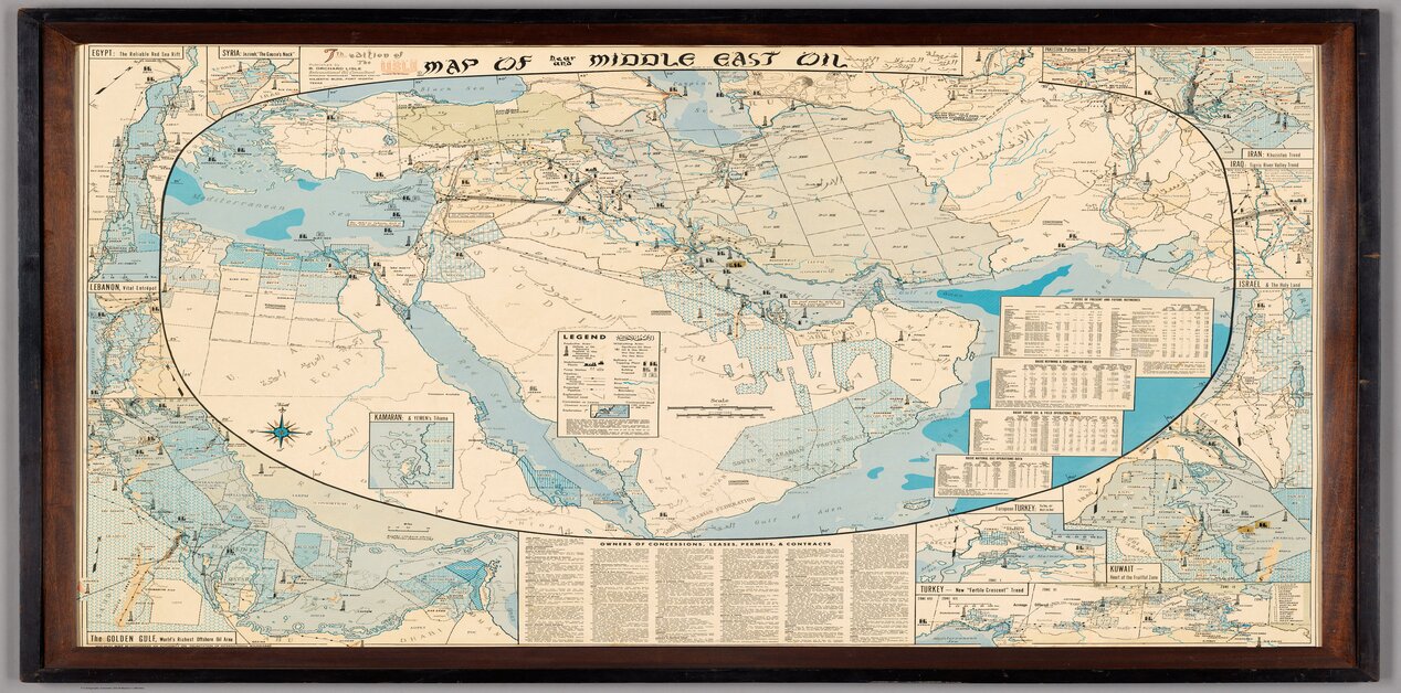 Ένας vintage, λεπτομερής χάρτης της Εγγύς και Μέσης Ανατολής, που εστιάζει στις πετρελαϊκές παραχωρήσεις, πλαισιωμένος από ένα σκοτεινό ξύλινο πλαίσιο.