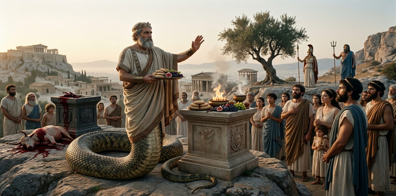 Κέκροπας: Ο Αρχαίος Έλληνας Βασιλιάς-Φίδι που Απαγόρευσε τις Αιματηρές Θυσίες - Μια ρεαλιστική, ιστορική εικόνα που απεικονίζει τον Κέκροπα, τον μυθικό βασιλιά της Αθήνας, ως μισό άνθρωπο και μισό φίδι. Στέκεται στην Ακρόπολη και απαγορεύει τις αιματηρές θυσίες ζώων, με το υψωμένο χέρι να δείχνει προς ένα σφαγμένο ζώο. Αντίθετα, εισάγει αναίμακτες προσφορές από φρούτα και ψωμί. Ένα πλήθος Αθηναίων παρακολουθεί με σεβασμό, ενώ στο βάθος διακρίνονται ένας αρχαίος ναός, η Αθηνά και ο Ποσειδώνας.