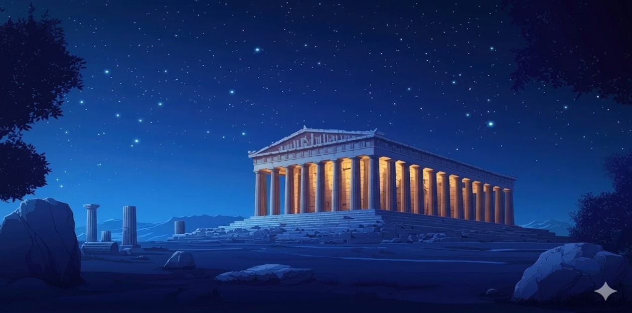 Ψηφιακή απεικόνιση φωτισμένου αρχαίου ελληνικού δωρικού ναού κάτω από έναν έναστρο νυχτερινό ουρανό.