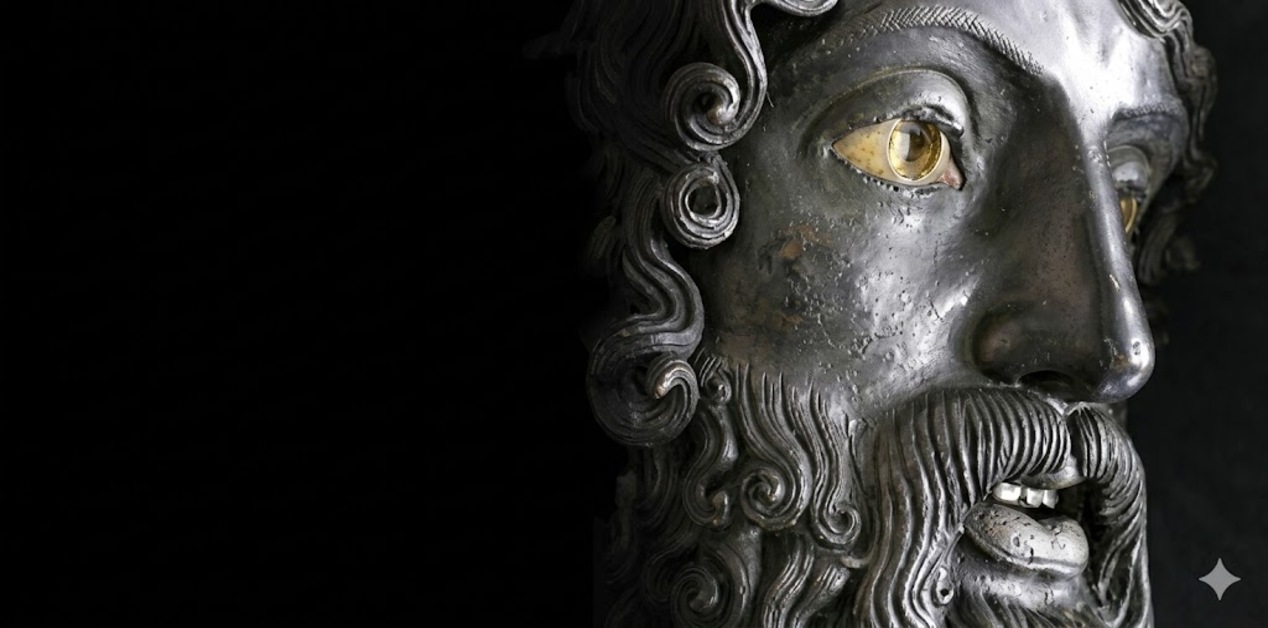 Λεπτομέρεια προσώπου χάλκινου αγάλματος Πολεμιστή του Ριάτσε με πυκνή γενειάδα.