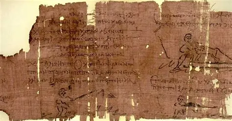 Απόσπασμα αρχαίου παπύρου με ελληνική χειρόγραφη γραφή και απλοϊκά σχέδια μορφών και ζώων.