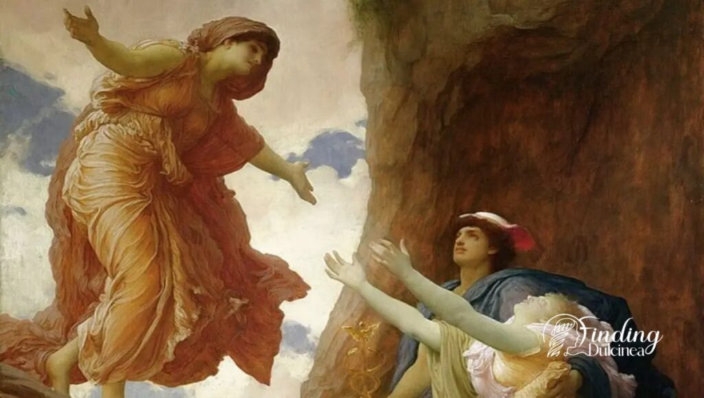 Κλασικός πίνακας που δείχνει τη Δήμητρα να υποδέχεται την Περσεφόνη, την οποία οδηγεί ο Ερμής έξω από μια σπηλιά.