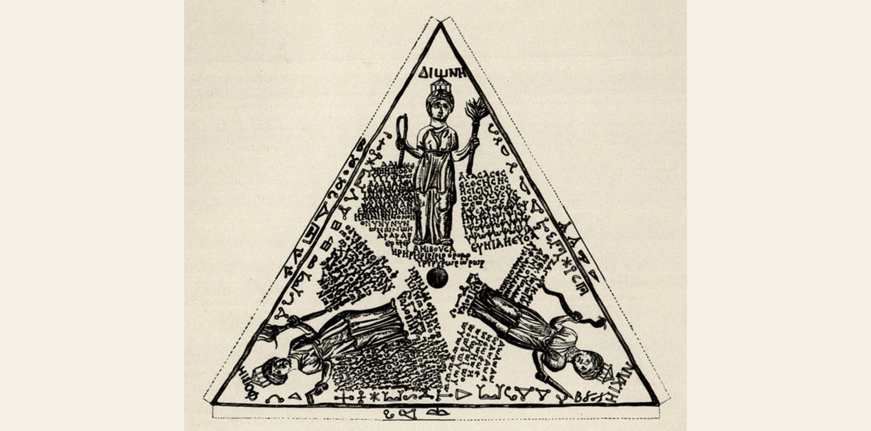Αρχαία ελληνική μαγική πινακίδα από την Πέργαμο με τριγωνική διάταξη, μυστηριακές επιγραφές και μορφές που συμβολίζουν τελετουργική προστασία και αποκρυφιστική γνώση.