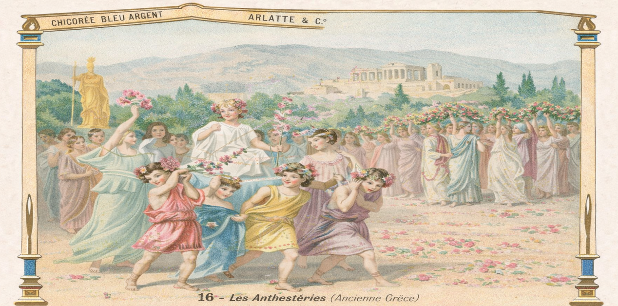 Vintage χρωμολιθογραφική κάρτα εμπορίου που απεικονίζει μια εορταστική πομπή στην αρχαία Ελλάδα, με παιδιά, γυναίκες, λουλούδια και την Ακρόπολη στο βάθος.
