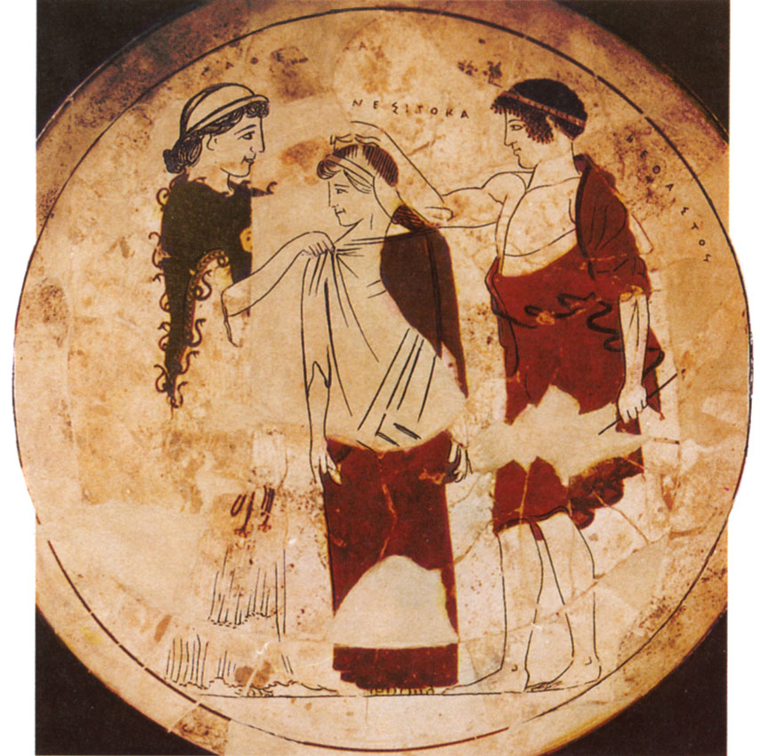 Μια αρχαία ελληνική, λευκοφοντική κύλικα, που απεικονίζει τον Ήφαιστο να βάζει στεφάνι στην Πανδώρα, με την Αθηνά να παρακολουθεί.