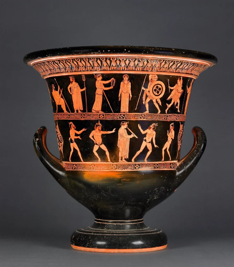 Αρχαίο ελληνικό ερυθρόμορφο αγγείο με παραστάσεις μορφών της μυθολογίας, που παραπέμπουν στον μύθο της Πανδώρα και στο άνοιγμα του πιθαριού.