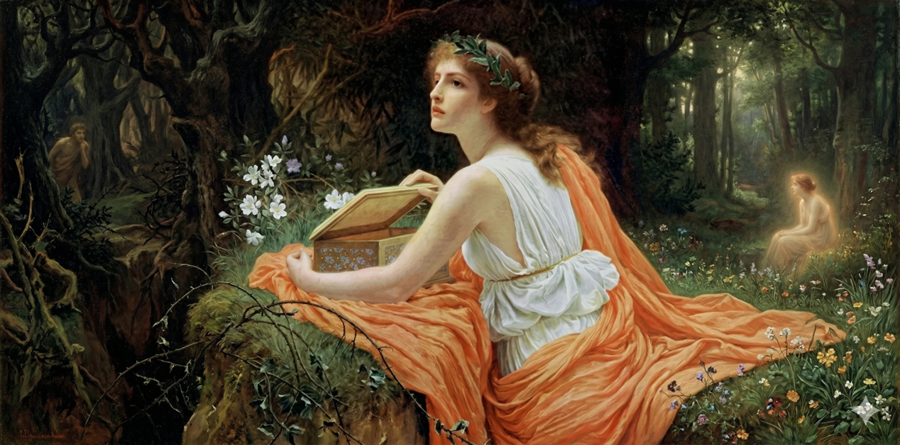Μια ευρείας γωνίας, κλασική ελαιογραφία της Πανδώρας σε ένα δάσος, κρατώντας ένα ανοιχτό, διακοσμημένο κουτί και κοιτάζοντας προς τα πάνω.