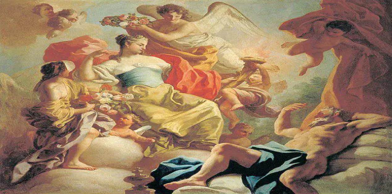 Μπαρόκ πίνακας με μια κεντρική γυναικεία θεότητα σε θρόνο περιτριγυρισμένη από αγγέλους και έναν ξαπλωμένο γενειοφόρο άνδρα στο κάτω μέρος.