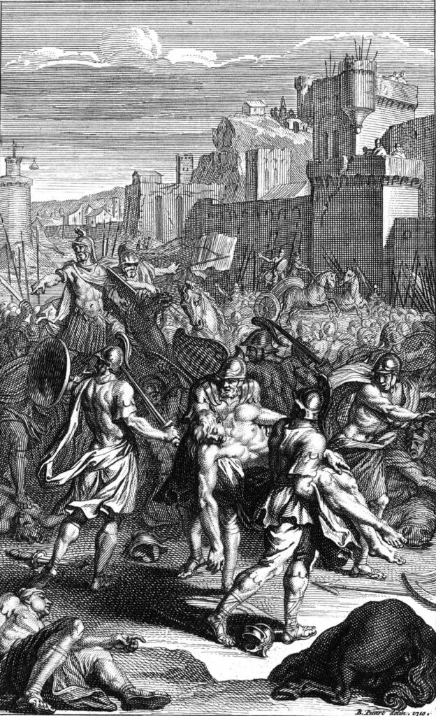 Κλασικό ασπρόμαυρο χαρακτικό του 18ου αιώνα με σκηνή σκληρής μάχης έξω από τα τείχη της Τροίας και τη μεταφορά ενός νεκρού ήρωα.