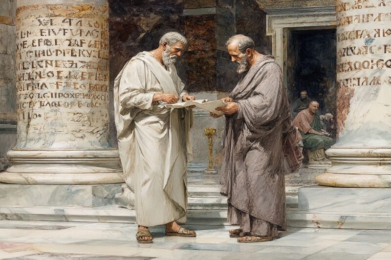 Καλλιτεχνική απεικόνιση δύο αρχαίων Ελλήνων φιλοσόφων που συζητούν μελετώντας έναν πάπυρο ανάμεσα σε κλασικούς κίονες.
