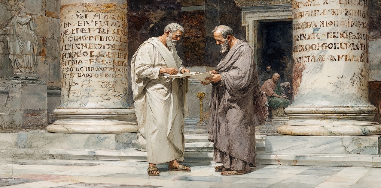 Καλλιτεχνική απεικόνιση δύο αρχαίων Ελλήνων φιλοσόφων που συζητούν μελετώντας έναν πάπυρο ανάμεσα σε κλασικούς κίονες.
