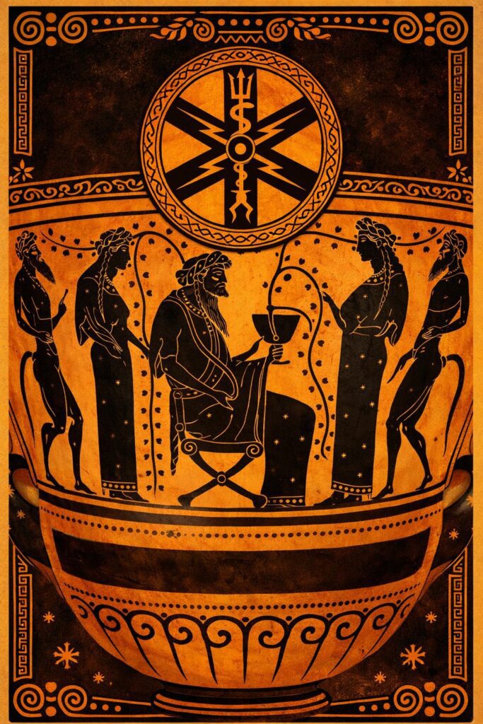 Illustration σε στυλ αρχαιοελληνικού ερυθρόμορφου κρατήρα, με τον Διόνυσο καθιστό, σατύρους και μαινάδες. Στην κορυφή, ένα σύμβολο αστραπής.