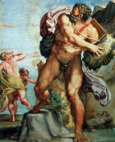 Πίνακας του Annibale Carracci που δείχνει τον γιγαντιαίο Πολύφημο έτοιμο να εκσφενδονίσει έναν βράχο εναντίον του Άκι και της Γαλάτειας.