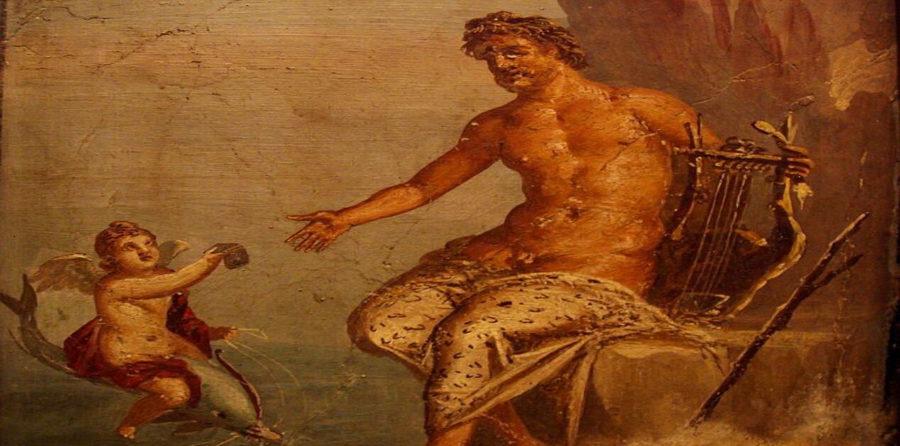 Αρχαία ρωμαϊκή τοιχογραφία που δείχνει τον Πολύφημο να κρατάει λύρα, συνοδευόμενος από έναν έρωτα σε δελφίνι.