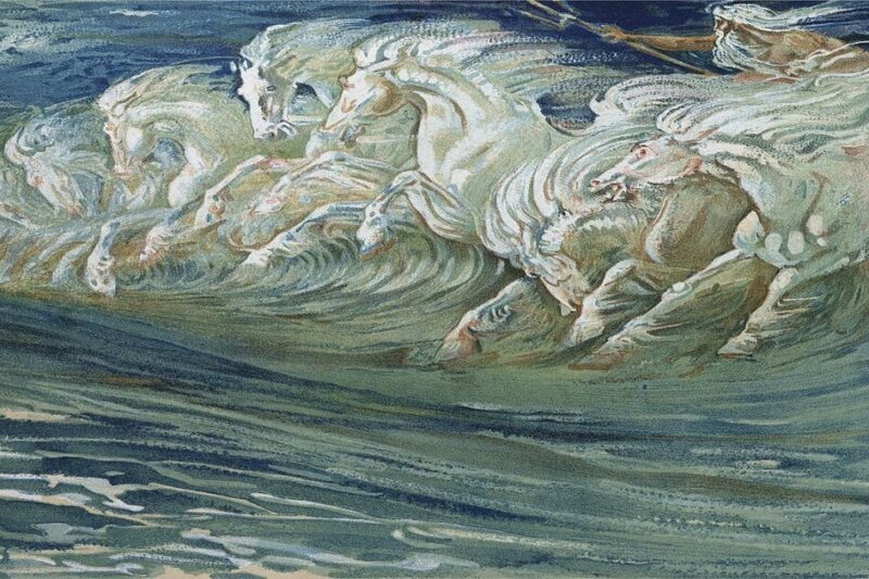 Ζωγραφική αναπαράσταση λευκών αλόγων που ξεπηδούν μέσα από τα κύματα της θάλασσας, με τη μορφή του Ποσειδώνα στο βάθος.