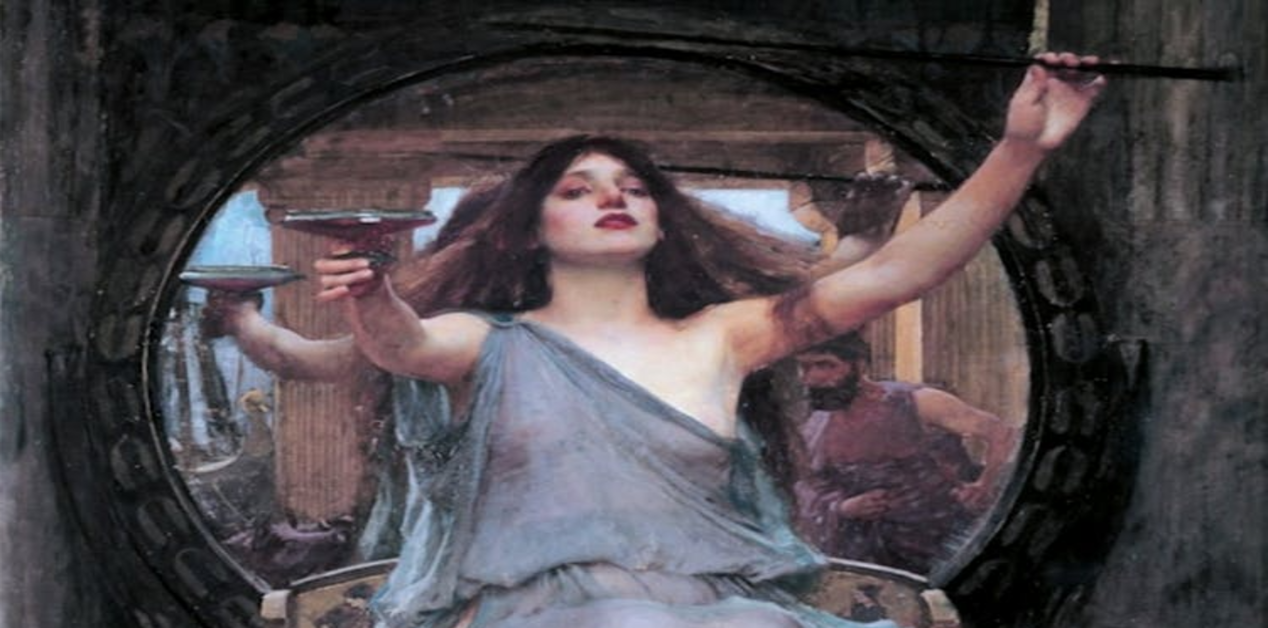 Πίνακας ζωγραφικής που απεικονίζει τη θεά Κίρκη από την ελληνική μυθολογία να προσφέρει το μαγικό κύπελλο κρατώντας το ραβδί της.