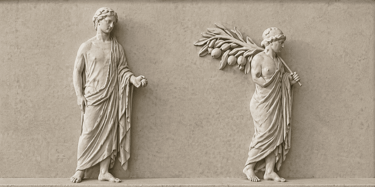 Ανάγλυφη αναπαράσταση που απεικονίζει τον Απόλλωνα και έναν νεαρό «αμφιθαλή παίδα» να μεταφέρει στον ώμο του την Ειρεσιώνη, το στολισμένο κλαδί ελιάς της αρχαίας εορτής των Πυανοψίων.