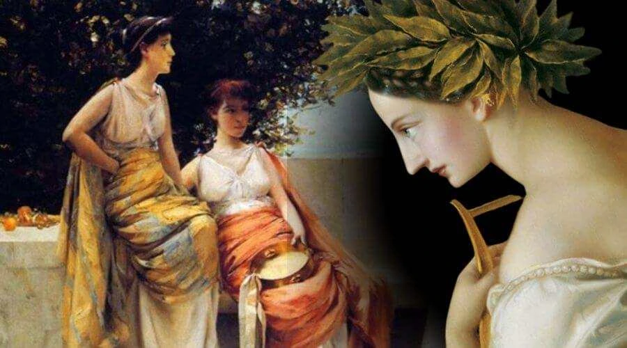 Σαπφώ η δέκατη μούσα με δάφνινο στεφάνι και λύρα, σε καλλιτεχνική σύνθεση με γυναίκες της αρχαίας Ελλάδας.