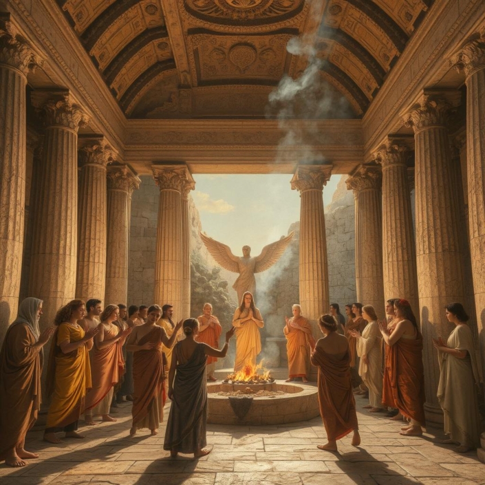 Μια εσωτερική άποψη ενός μεγαλοπρεπούς, αρχαίου δωρικού ναού. Σειρές από ψηλούς, ραβδωτούς κίονες πλαισιώνουν τον χώρο, που φωτίζεται από το φυσικό φως του ήλιου από μια οπή στην οροφή. Στο κέντρο, μια ομάδα ανθρώπων με αρχαία ενδύματα (χιτώνες και ιμάτια) στέκεται σε κύκλο. Μια κεντρική γυναικεία φιγούρα, με χρυσό χιτώνα, στέκεται μπροστά από έναν βωμό με φωτιά και καπνό. Άλλοι συμμετέχοντες, με διάφορα χρώματα χιτώνων, έχουν τα χέρια τους υψωμένα σε προσευχή ή ευλαβή συμμετοχή. Στο βάθος, ένα άγαλμα με φτερά, που πιθανόν αντιπροσωπεύει τη Nike, είναι τοποθετημένο ανάμεσα στους κίονες.