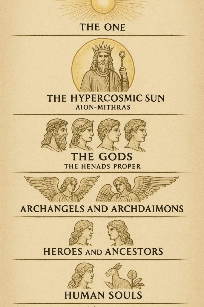 Ένα κατακόρυφο, εικονογραφημένο διάγραμμα σε στυλ χαρακτικής, που απεικονίζει μια ιεραρχία της πνευματικής πραγματικότητας. Το φόντο είναι παλαιωμένο χαρτί. Χωρίζεται σε έξι οριζόντια επίπεδα. Κορυφή: "THE ONE" (ένας ήλιος). Δεύτερο επίπεδο: "THE HYPERCOSMIC SUN (AION-MITHRAS)" (ένας βασιλιάς με στέμμα και σκήπτρο). Τρίτο επίπεδο: "THE GODS (THE HENADS PROPER)" (τέσσερα προφίλ ανδρών και γυναικών). Τέταρτο επίπεδο: "ARCHANGELS AND ARCHDAIMONS" (δύο φτερωτές, αγγελικές φιγούρες). Πέμπτο επίπεδο: "HEROES AND ANCESTORS" (δύο προφίλ, ένα ανδρικό, ένα γυναικείο). Βάση: "HUMAN SOULS" (ένα γυναικείο προφίλ και ένας λαγός). Κάθε επίπεδο έχει αντίστοιχο κείμενο και εικονογράφηση.
