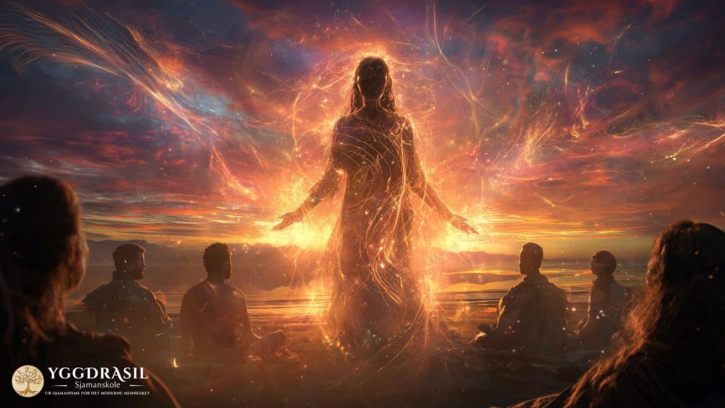 Μια εσωτερική άποψη μιας θρησκευτικής τελετουργίας σε μια παραλία κατά το ηλιοβασίλεμα. Μια ομάδα ανθρώπων κάθεται σε κύκλο στην άμμο, με τα πρόσωπά τους στραμμένα προς το κέντρο. Οι συμμετέχοντες φαίνονται κυρίως ως σιλουέτες. Στο κέντρο του κύκλου, μια γυναικεία φιγούρα στέκεται, η οποία είναι πύρινη και φωτεινή, εκπέμποντας φως. Ο ουρανός είναι δραματικός με σύννεφα, και μια ηλιακή έκρηξη είναι ορατή. Στην κάτω αριστερή γωνία, ένα λογότυπο "YGDRASIL Sjamanskole" με το Δέντρο της Ζωής είναι ορατό.