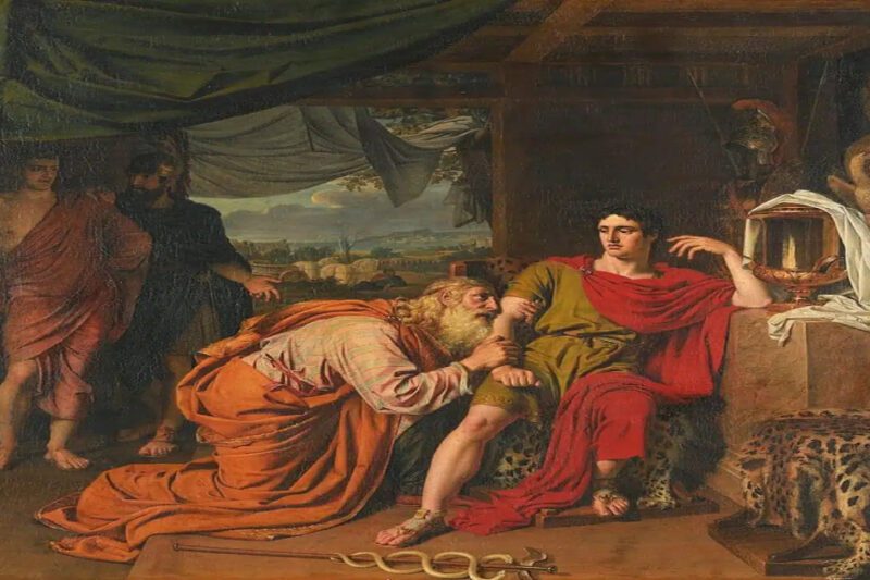 Η συμπόνια στον αρχαίο ελληνικό πόλεμο - Ελαιογραφία που απεικονίζει τον ηλικιωμένο Πρίαμο με πορτοκαλί μανδύα να γονατίζει και να φιλά το χέρι του νεαρού Αχιλλέα, ο οποίος κάθεται φορώντας κόκκινο μανδύα μέσα στη σκηνή του. Στο βάθος διακρίνονται δύο στρατιώτες και πολεμικός εξοπλισμός.