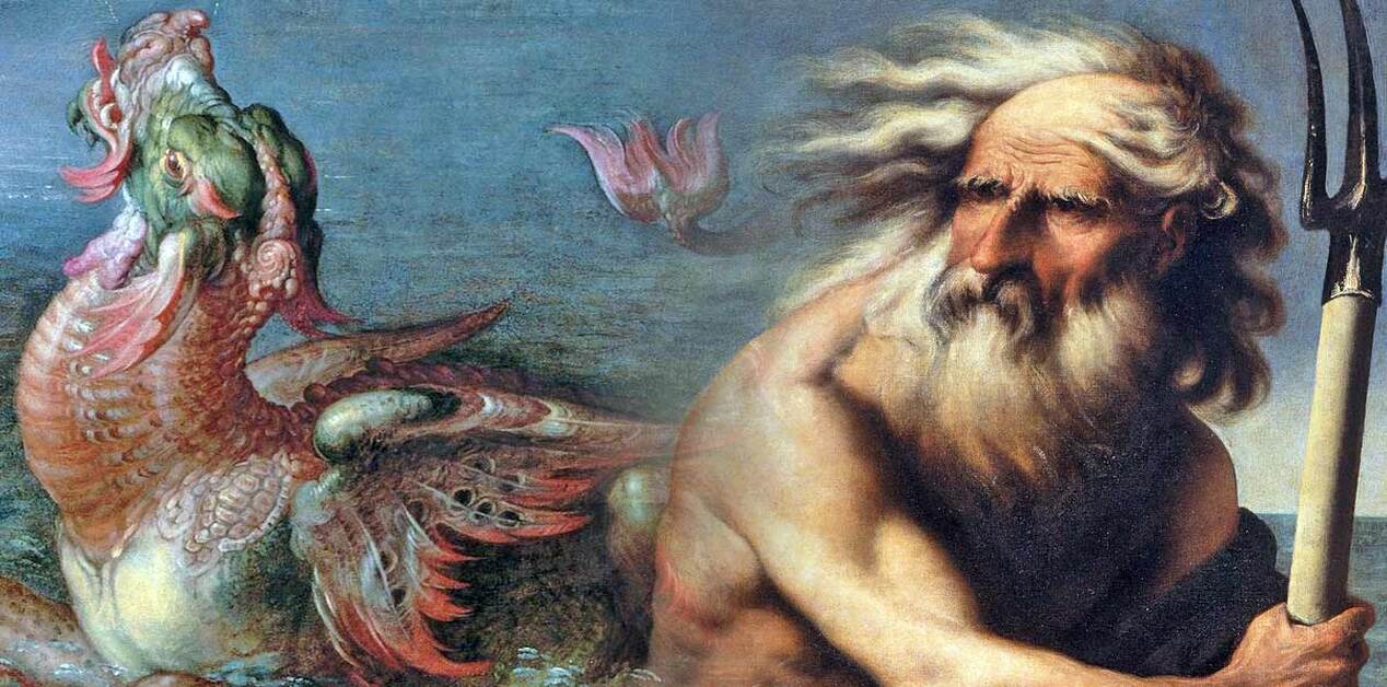 Ένα καλλιτεχνικό μοντάζ που συνδυάζει ένα πολύχρωμο, εξωτικό θαλάσσιο πλάσμα (ιππόκαμπος-γρύπας) σε κλασικό πίνακα (αριστερά) και μια δυναμική προσωπογραφία του γενειοφόρου Ποσειδώνα με άσπρα μαλλιά που ανεμίζουν, κρατώντας τρίαινα (δεξιά). Και οι δύο σκηνές είναι σε θαλασσινό περιβάλλον και ενώνονται ομαλά.