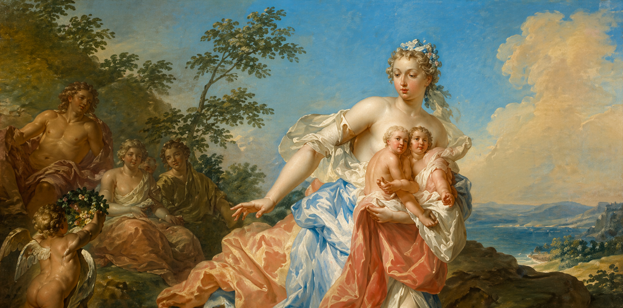 Μια ελαιογραφία ροκοκό με μια γυναίκα (πιθανώς Αφροδίτη) που κρατά δύο βρέφη, πλαισιωμένη από έναν ημι-γυμνό άνδρα (πιθανώς Άδωνι), δύο νύμφες και έναν ερωτιδέα, σε ένα ειδυλλιακό παράκτιο τοπίο.