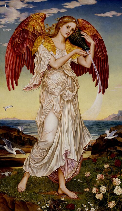 Ο πίνακας 'The Hour-Glass' της Evelyn De Morgan, που απεικονίζει τη φτερωτή θεά Ηώ να ρίχνει νερό από ένα αγγείο πάνω από μια θάλασσα και τριαντάφυλλα.