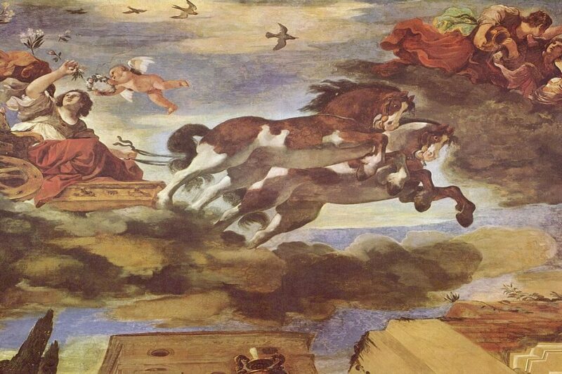 Η τοιχογραφία 'Aurora' του Guercino στο Casino dell'Aurora στη Ρώμη, που δείχνει την Ηώ στο άρμα της, να οδηγεί δύο άλογα, με putti.
