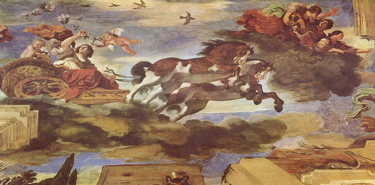 Η τοιχογραφία 'Aurora' του Guercino στο Casino dell'Aurora στη Ρώμη, που δείχνει την Ηώ στο άρμα της, να οδηγεί δύο άλογα, με putti.