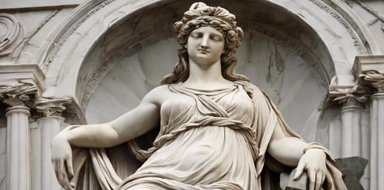 Μαρμάρινο άγαλμα της αρχαίας Ελληνίδας θεάς Ήρας, ντυμένης με κλασικό πτυχωτό ένδυμα, μπροστά από μια περίτεχνη αρχιτεκτονική αψίδα.