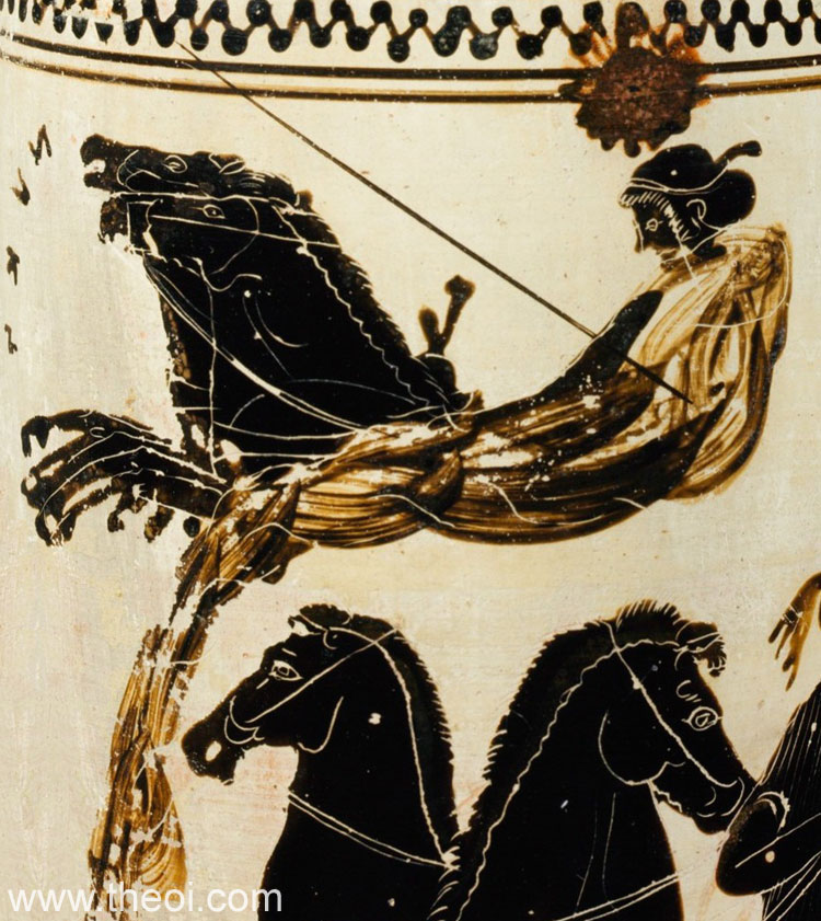 Λεπτομέρεια από αρχαίο ελληνικό αγγείο μελανόμορφου ρυθμού που δείχνει μια θεότητα σε άρμα να το σέρνουν άλογα, εκ των οποίων το ένα είναι φτερωτό.