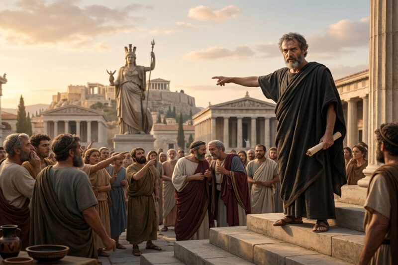 Θεόδωρος ο άθεος: Ο Έλληνας φιλόσοφος που αμφισβήτησε την ηθική - Ένας αρχαίος Έλληνας φιλόσοφος με μούσι και μαύρο χιτώνα στέκεται σε πέτρινα σκαλιά και μιλάει σε ένα πλήθος κόσμου στην Αθήνα. Δείχνει με το χέρι του προς το πλήθος, ενώ κρατάει έναν πάπυρο. Στο βάθος φαίνεται η Ακρόπολη με τον Παρθενώνα και ένα μεγάλο άγαλμα της Αθηνάς. Το πλήθος τον παρακολουθεί, με κάποιους να συζητούν μεταξύ τους. Η σκηνή διαδραματίζεται κατά τη διάρκεια του σούρουπου.