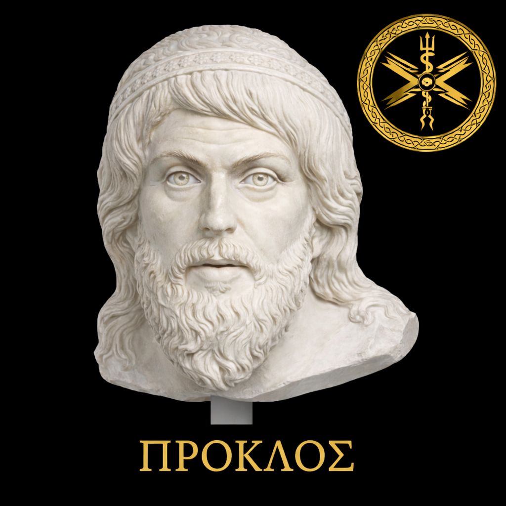 Μαρμάρινη προτομή του Νεοπλατωνικού φιλοσόφου Πρόκλου σε μαύρο φόντο. Στο κάτω μέρος, χρυσή επιγραφή «ΠΡΟΚΛΟΣ». Στην επάνω δεξιά γωνία, χρυσό κυκλικό έμβλημα με νεοπλατωνικά σύμβολα (τρίαινα, κεραυνός, Caduceus).