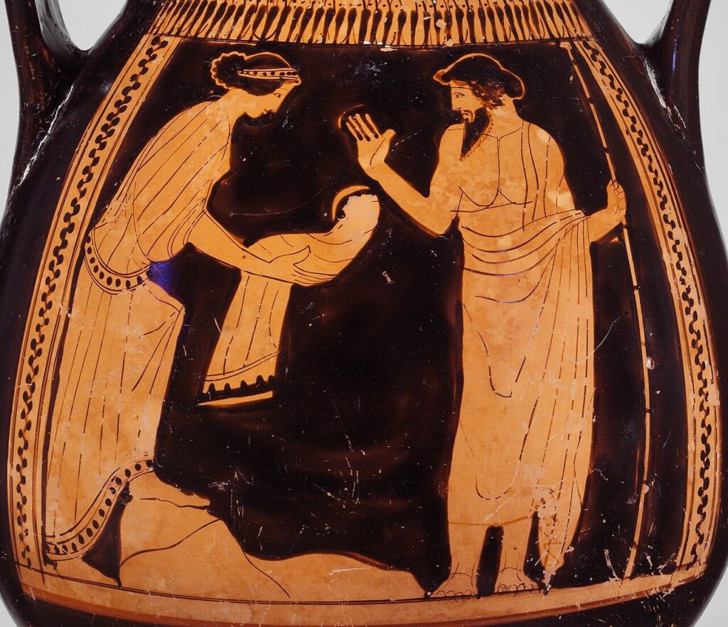Αρχαίο ελληνικό ερυθρόμορφο αγγείο που δείχνει τη θεά Ρέα να δίνει έναν σπαργανωμένο λίθο στον Κρόνο.