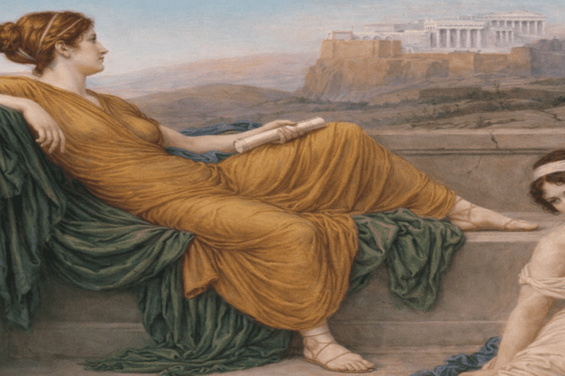 Νεοκλασικός πίνακας ζωγραφικής με δύο γυναίκες ντυμένες με αρχαιοελληνικά ενδύματα να αναπαύονται, με θέα την Ακρόπολη.