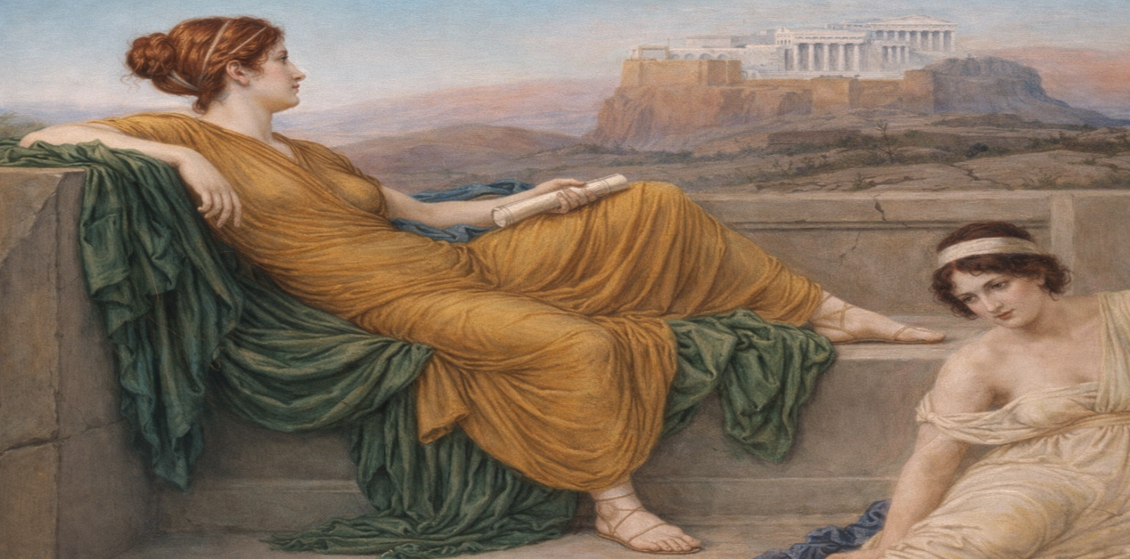 Νεοκλασικός πίνακας ζωγραφικής με δύο γυναίκες ντυμένες με αρχαιοελληνικά ενδύματα να αναπαύονται, με θέα την Ακρόπολη.