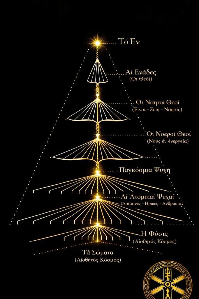 Ένα συστηματικό, διαγραμματικό σχήμα σε μαύρο φόντο, που απεικονίζει τη νεοπλατωνική κοσμολογική ιεραρχία της «Χρυσής Σειράς», με σαφείς ελληνικές ετικέτες που δείχνουν τα επίπεδα από το Έν έως τον αισθητό κόσμο.