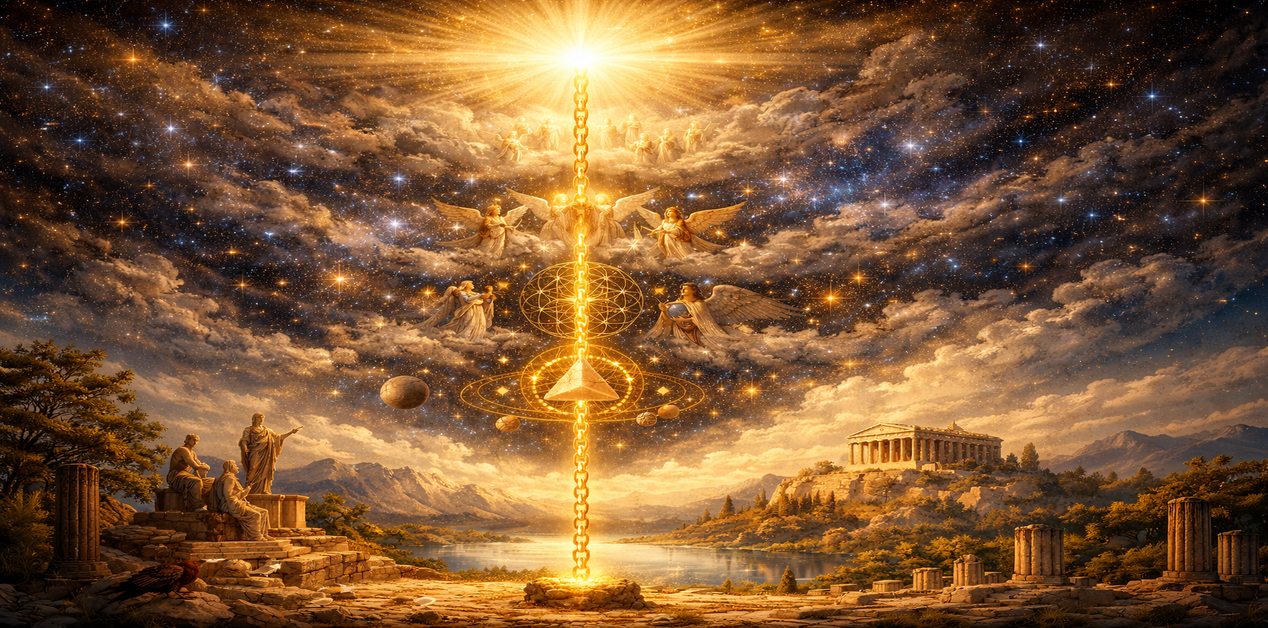 Μια επική, κοσμική απεικόνιση της «Χρυσής Σειράς» (Chain of Being), όπου μια φωτεινή χρυσή αλυσίδα κατεβαίνει από έναν εκτυφλωτικό κοσμικό ήλιο μέσα από αγγέλους, πλανήτες και γεωμετρικά σύμβολα σε ένα αρχαίο ελληνικό τοπίο με ερείπια και μια ομάδα φιλοσόφων.