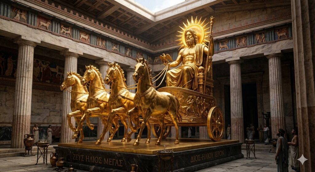 Εντυπωσιακό χρυσό άγαλμα του Δία Ήλιου σε άρμα, στο εσωτερικό ενός αρχαίου ιερού με επιγραφές.
