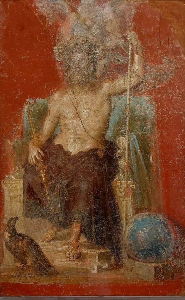 Ρωμαϊκή τοιχογραφία που απεικονίζει τον Δία Ήλιο καθιστό σε θρόνο, με έναν αετό και μια γαλάζια κοσμική σφαίρα στα πόδια του.