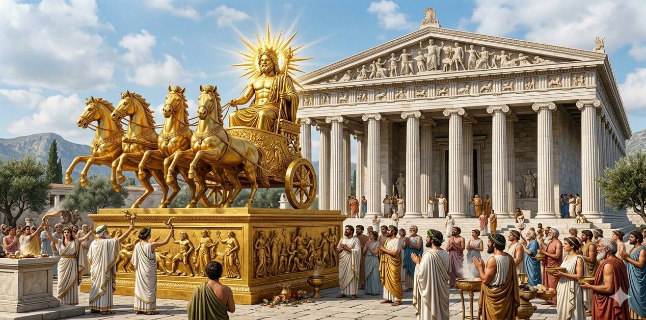 Χρυσό άγαλμα του Δία Ήλιου πάνω σε τέθριππο άρμα, μπροστά από αρχαίο ελληνικό ναό με πλήθος πιστών.