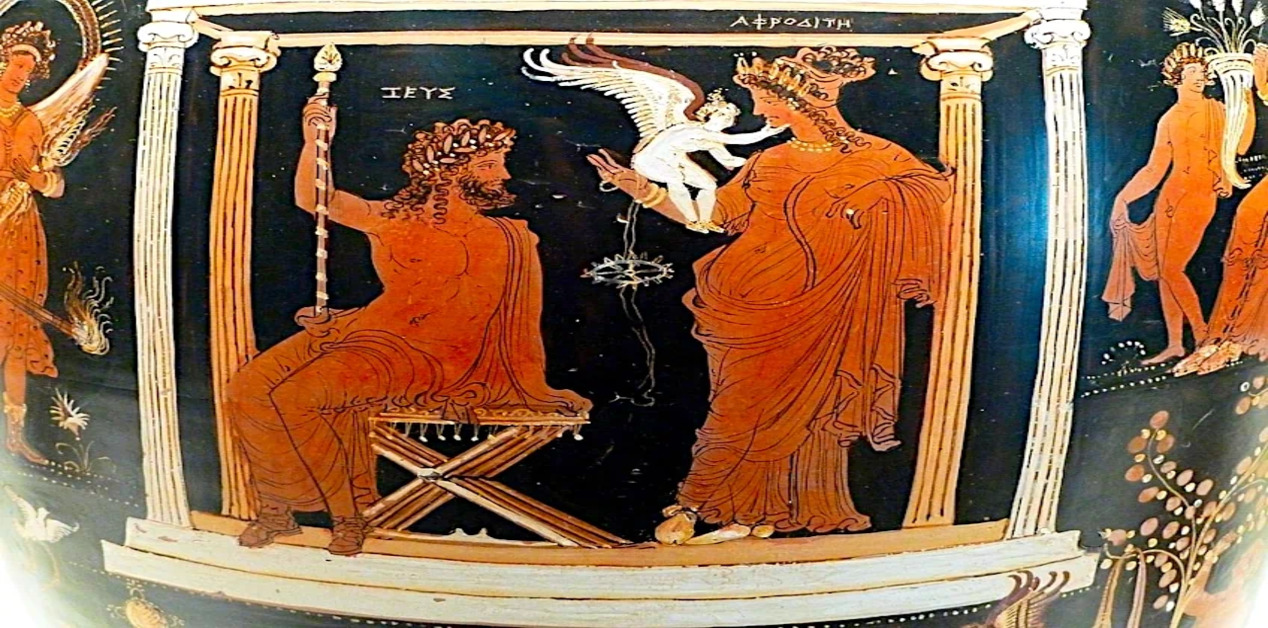 Ερυθρόμορφη αγγειογραφία με τη θεά Αφροδίτη, τον Δία και τον φτερωτό Έρωτα.