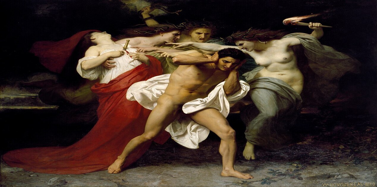 Πίνακας του William-Adolphe Bouguereau 'The Remorse of Orestes' (1862), που δείχνει τον Ορέστη σε αγωνία, καταδιωκόμενο από τις Ερινύες, με το σώμα της Κλυταιμνήστρας στο βάθος.
