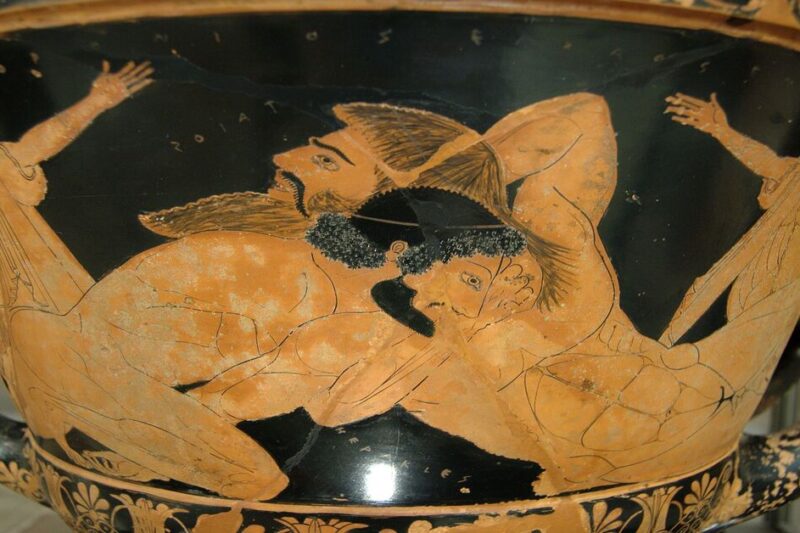 Ερυθρόμορφος κρατήρας που δείχνει την πάλη Ηρακλή και Ανταίου.