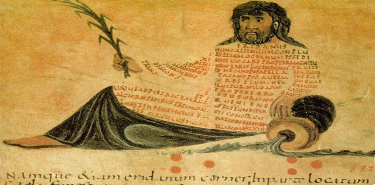 Μεσαιωνική εικονογράφηση χειρογράφου του Ηριδανού, της προσωποποίησης του ποταμού, που χύνει νερό από αμφορέα και κρατά κλωνάρι. Περιβάλλεται από λατινικό κείμενο.