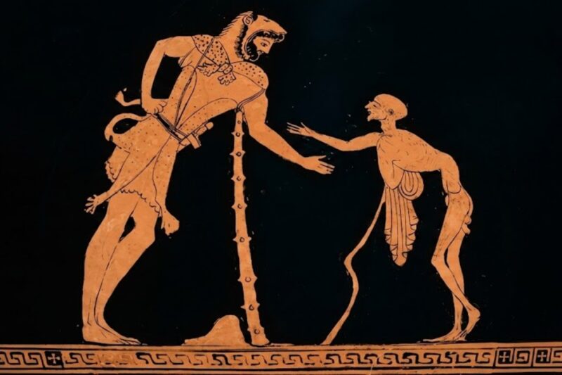 Ερυθρόμορφη αττική αγγειογραφία που απεικονίζει τον Ηρακλή, με τη λεοντή και το ρόπαλο, να αντιμετωπίζει τον Γέροντα (Γήρας), έναν ηλικιωμένο και αδύνατο άνδρα με μπαστούνι.