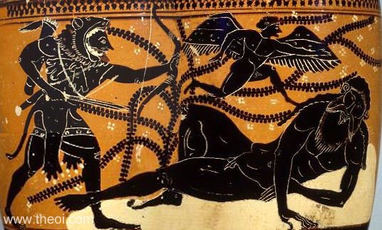 Αττική μελανόμορφη υδρία που δείχνει τον Ηρακλή (με λεοντή) να σημαδεύει με τόξο, ενώ ο γίγαντας Αλκυονέας (γυμνός, γενειοφόρος) κοιμάται (ή πεθαίνει) στο έδαφος κάτω από ένα φτερωτό δαίμονα (Ύπνο).