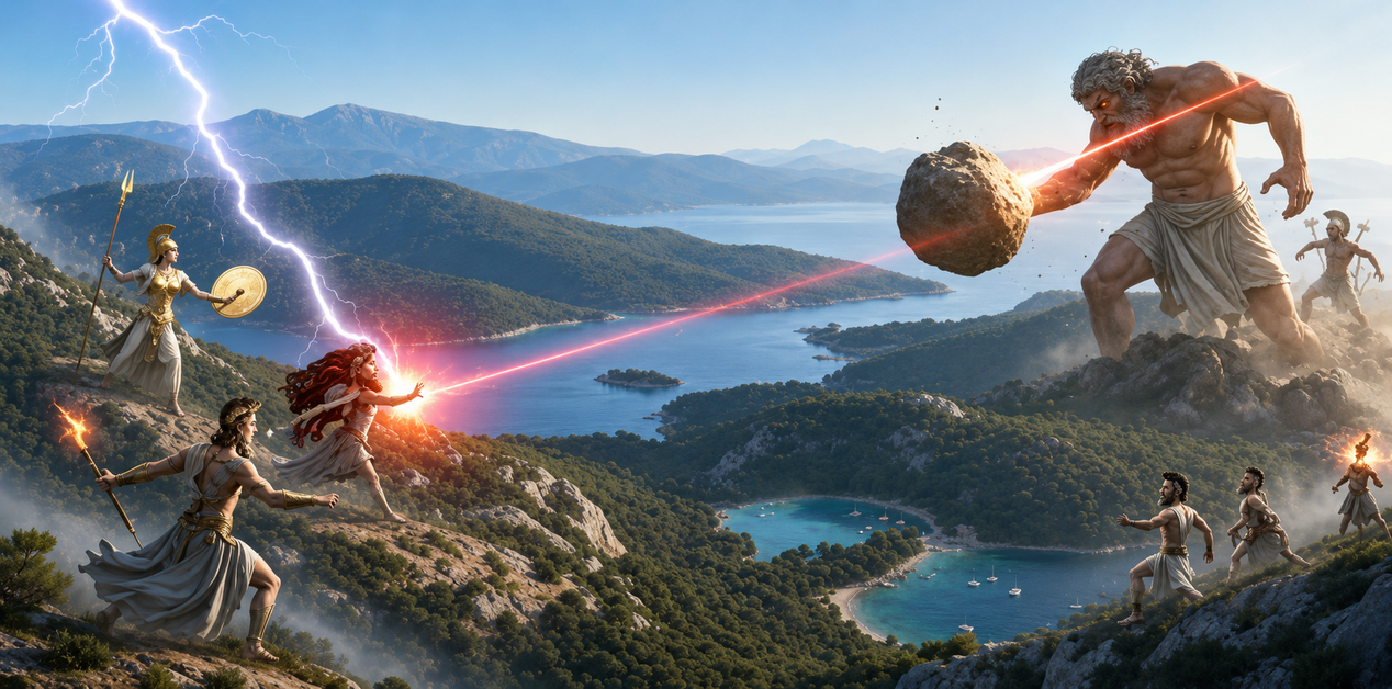 Μια επική σκηνή μάχης σε ένα βραχώδες βουνό με θέα έναν μεσογειακό κόλπο. Στα αριστερά, τέσσερις φιγούρες που θυμίζουν Έλληνες θεούς και πολεμιστές βρίσκονται σε στάσεις άμυνας και επίθεσης. Μια φιγούρα με κόκκινα μαλλιά ρίχνει μια δέσμη κόκκινου φωτός από τα χέρια της προς έναν μεγάλο βράχο που κρατά ένας γίγαντας. Μια άλλη φιγούρα καλεί έναν κεραυνό, ενώ μια τρίτη κρατά μια τρίαινα και ένα δόρυ, και μια τέταρτη κρατά μια ασπίδα και δόρυ. Στα δεξιά, ένας κολοσσιαίος, μυώδης γίγαντας με περίζωμα (πιθανότατα ο Γίγαντας Άθως) βρίσκεται σε μια βραχώδη κορυφή, ετοιμάζοντας να ρίξει έναν τεράστιο βράχο. Κάτω από αυτόν, τέσσερις μικρότερες φιγούρες με απλούς χιτώνες σκαρφαλώνουν στο έδαφος.